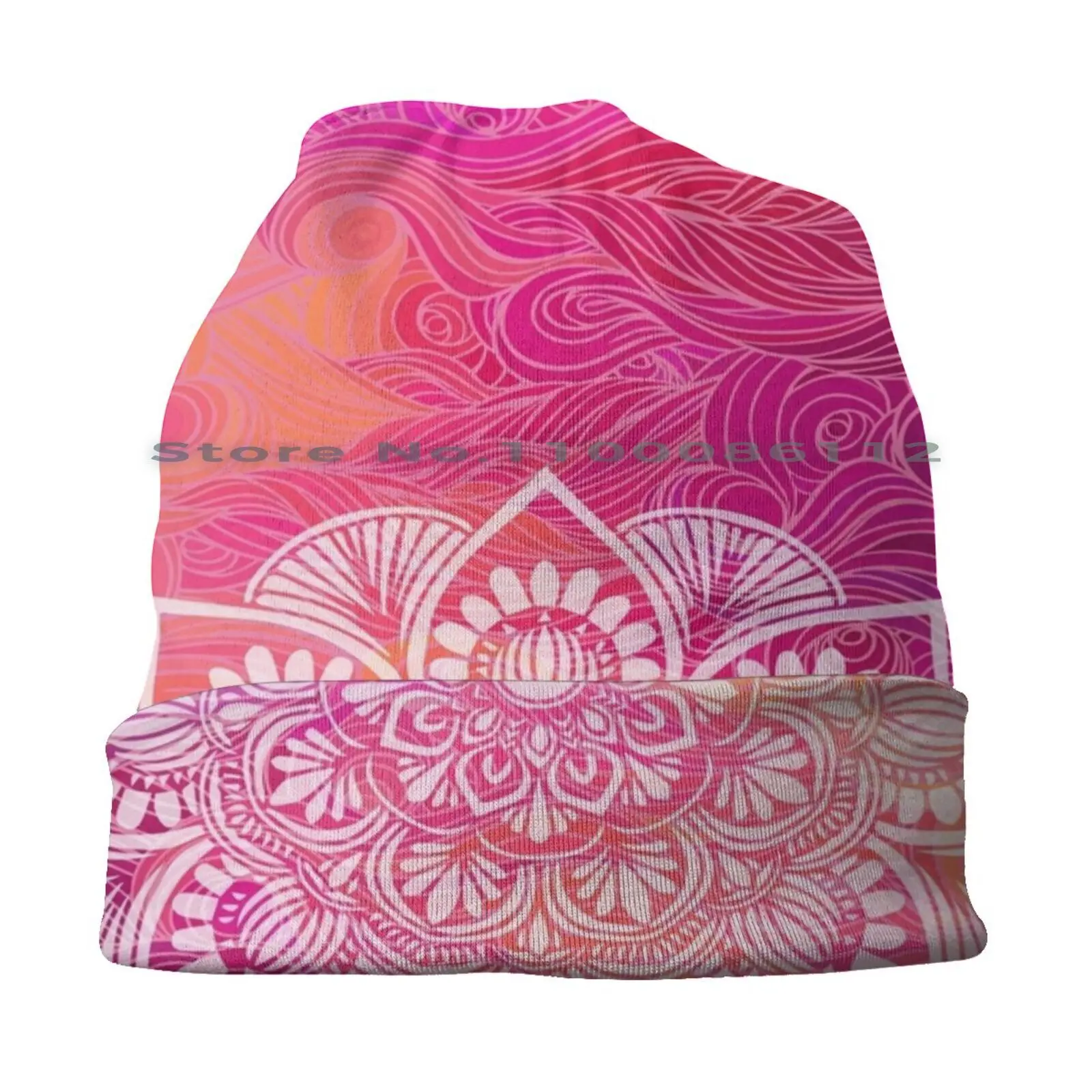 Hot Pink Wavy Mandala Beanies Knit Hat Wind Waves Abstract Pink Red Purple Mehndi Henna Indian Hindu Yoga Meditation Rainbow