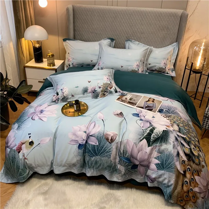 Vintage Chic Green Pink Peacock Lotus Leaves Duvet Cover 1000TC Egyptian Cotton Vibrant 4Pcs Bedding Set 1Bed Sheet 2Pillowcases