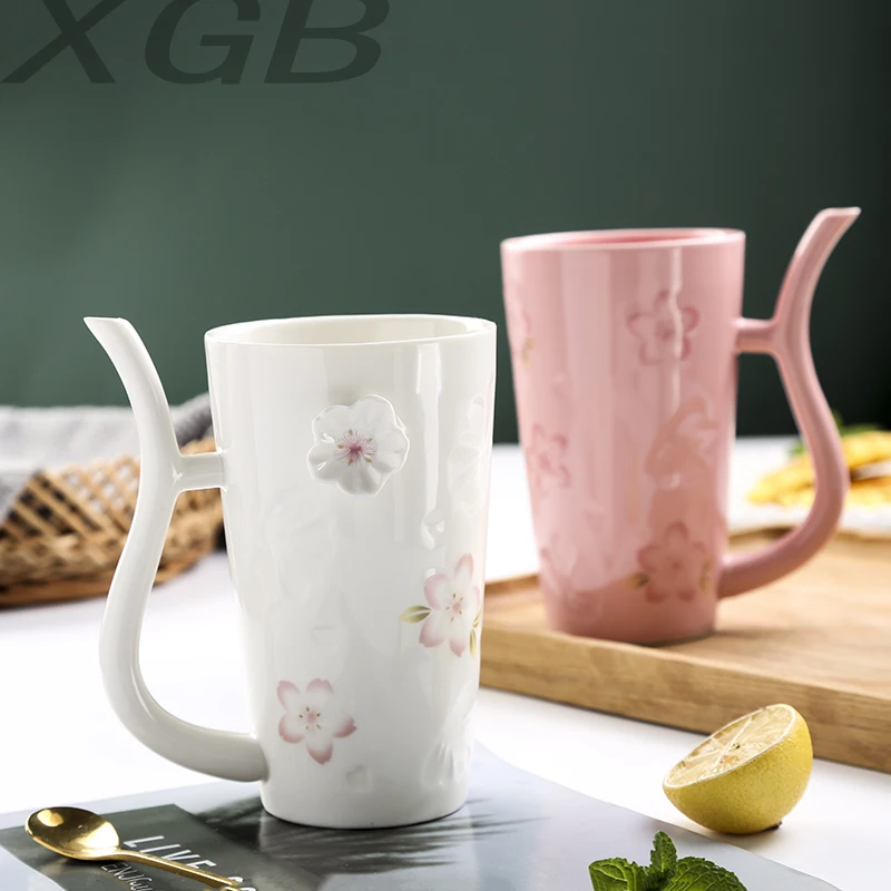 500ml Maiden Sakura Ceramic Cup Handle Straw Large Capacity Mug Coffee Cup Creative Personality Milk Cup Tea cups