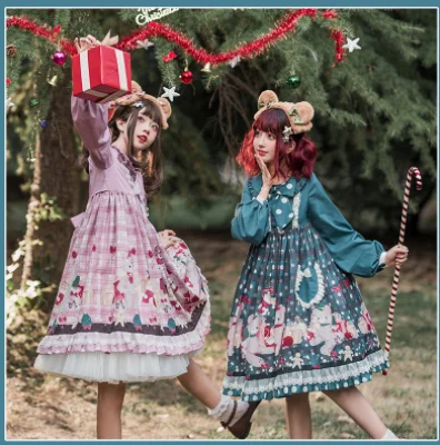 かわいいガールゴシックロリータ op cos クリスマススウィートロリータドレスヴィンテージレースちょうかわいい印刷ハイウエストビクトリア朝のドレス