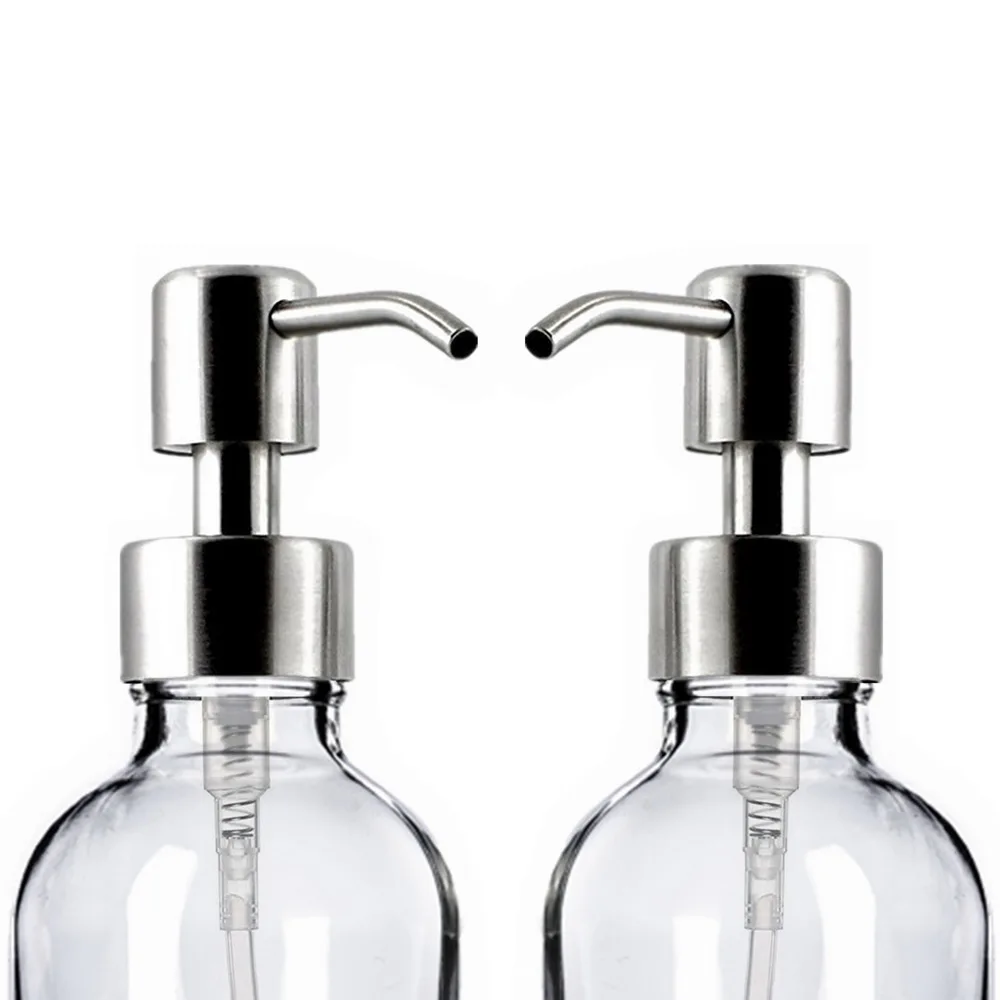 2pcs 250ml Clear Glass Pump Bottle Empty Stainless Steel Lotion Dispenser Containers for Liquid Soap Shampoo Shower Gel 8Oz