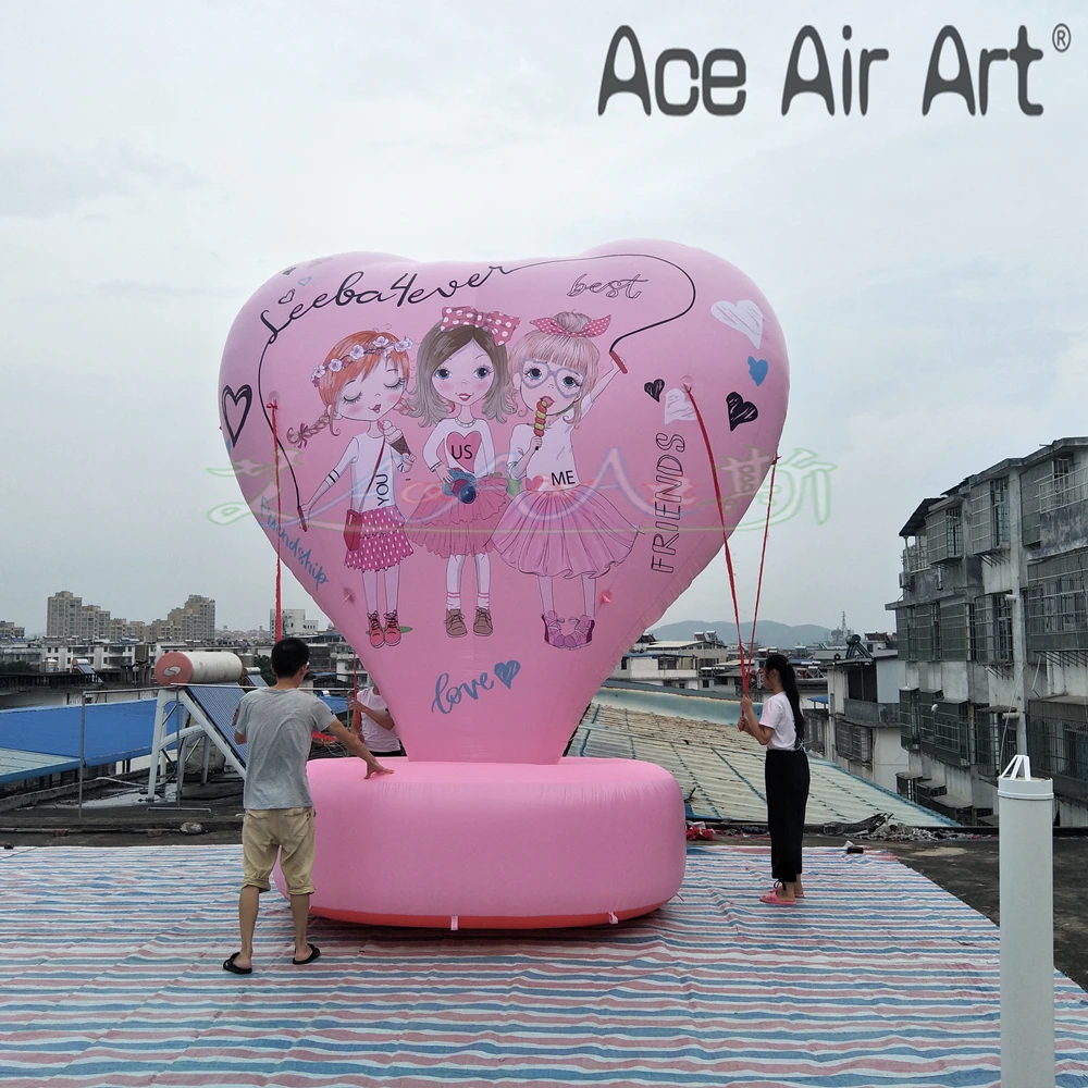 4m High Full Jet Painting Valentine's Day Inflatable Cartoon Girl with Base Heart Decoration for Sale