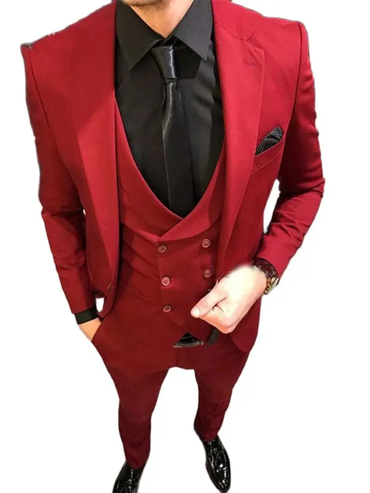 

Classic Business Blazer Trousers Groom Men Suits Sets Red 3pcs Costume Homme Groom Wedding Bridegroom Clothes Dinner Party Wear