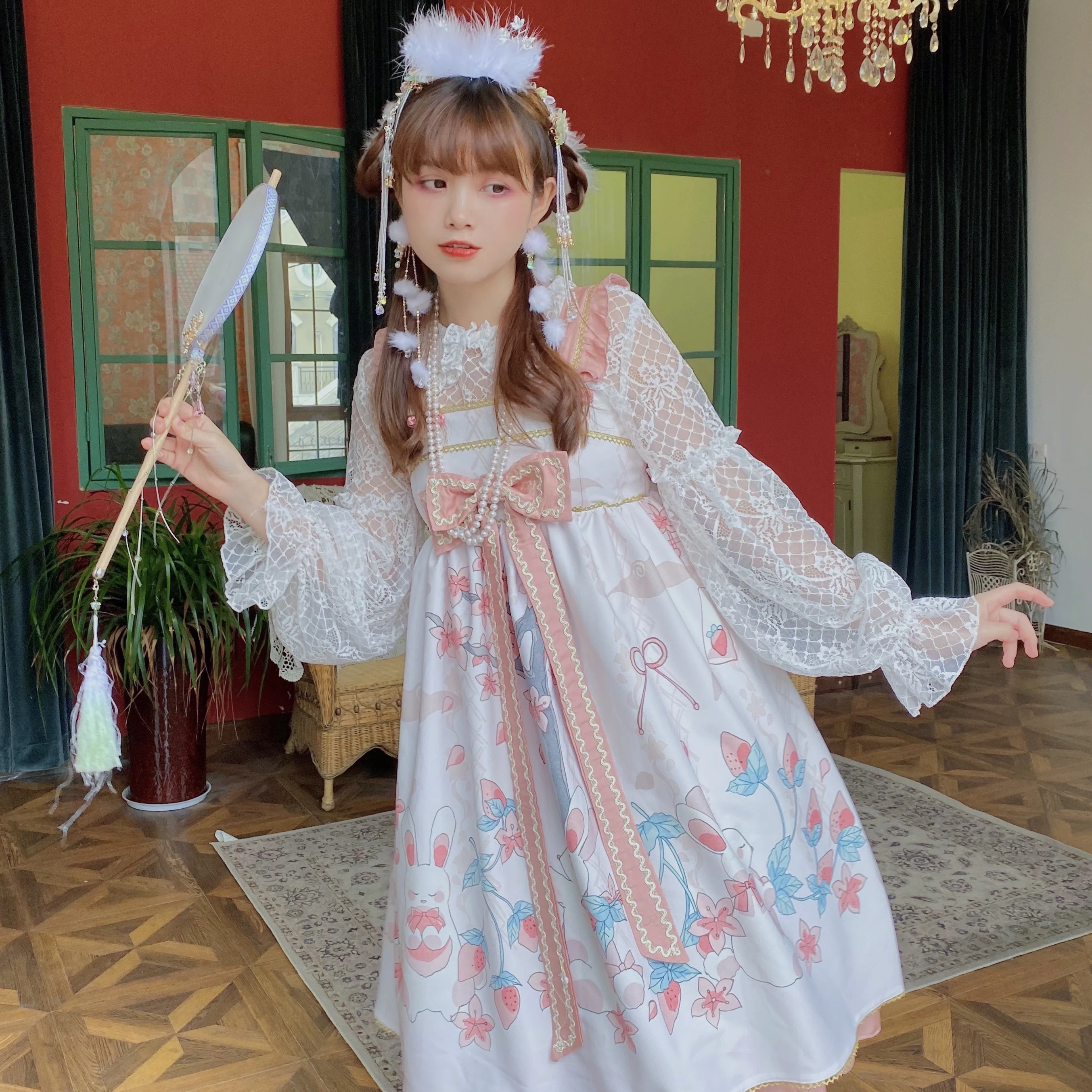 Preppy style student Hanfu retro sweet lolita sets Suspender dress+shirt victorian printing kawaii girl cos lolita kimono