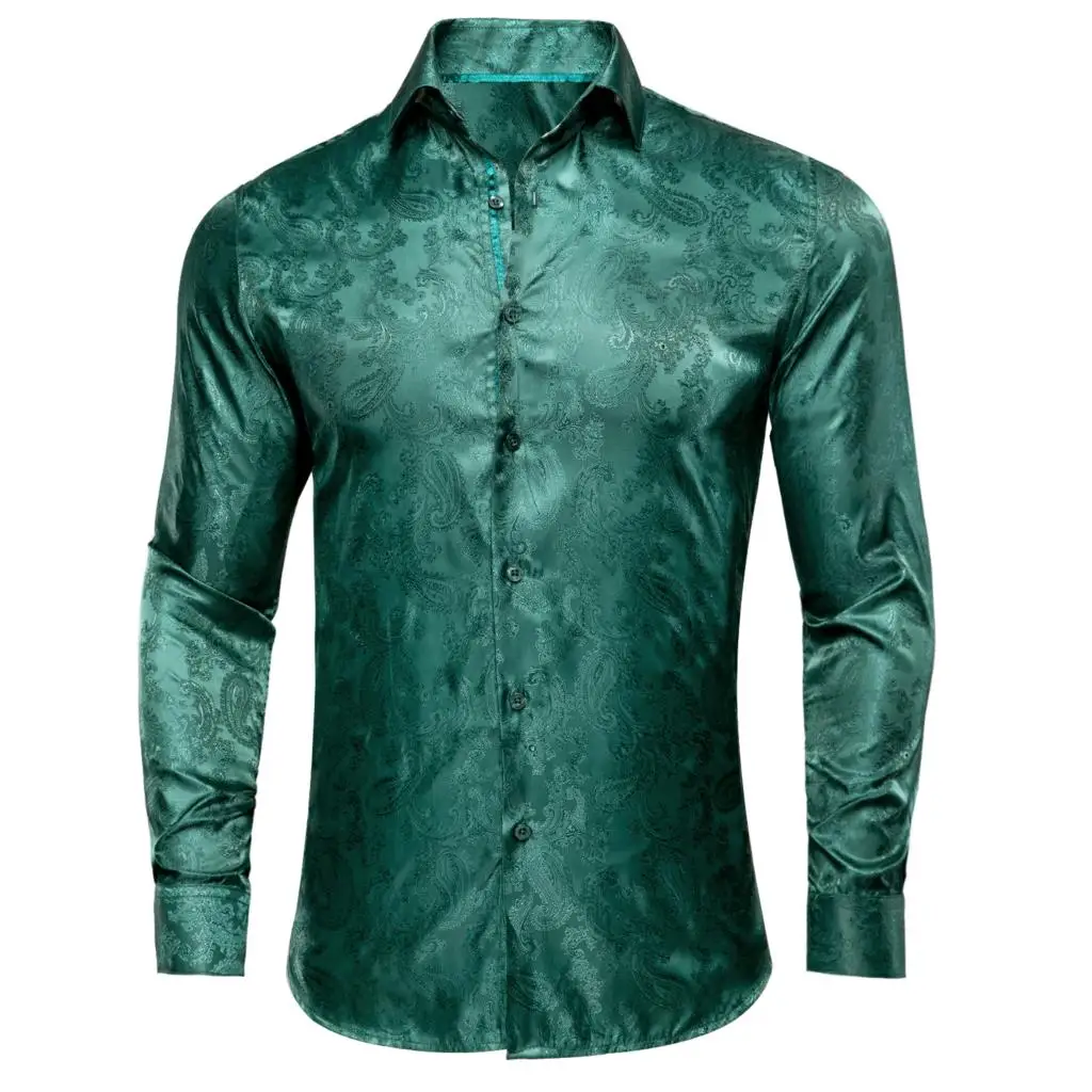 Dark green Paisley Silk Men's Shirt Long Sleeve Casual Shirts For Men Jacquard Male Business Party Wedding Dress Hi-Tie Designer