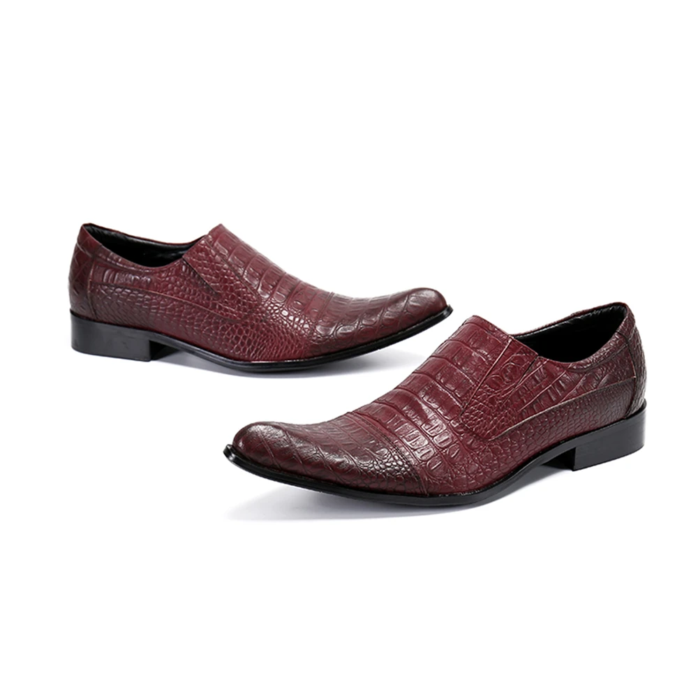 

Wine Red Crocodile Pattern Leather Shoes Mens Casual Dress Loafers Formal Pointed Toe Slip On Party Shoes