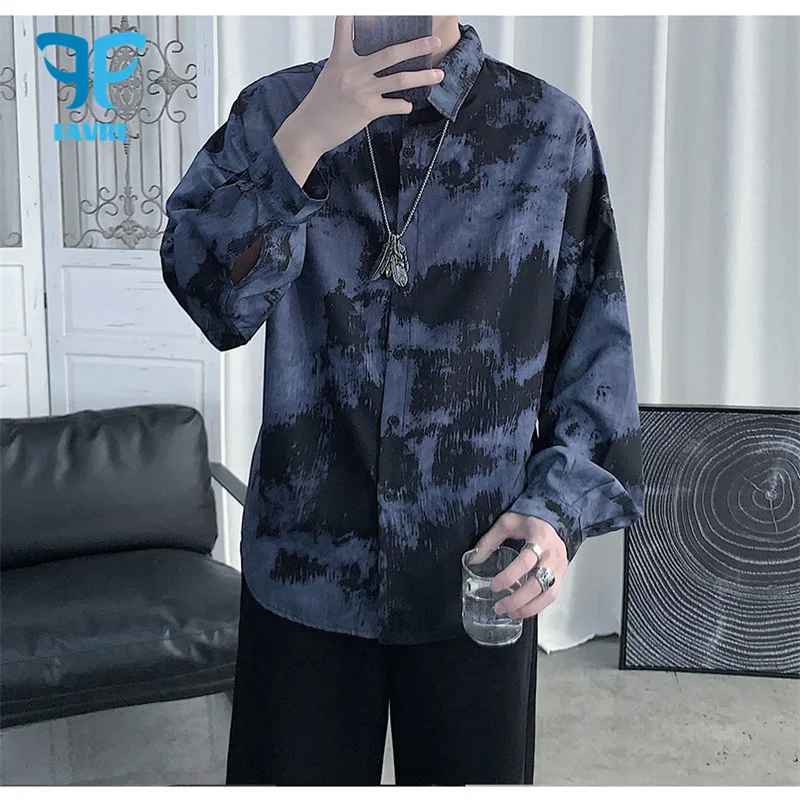 

FAVRE Men Casual Shirt Printing Fashion Office Social Business Collared Shirt Long Sleeve Work Clothes