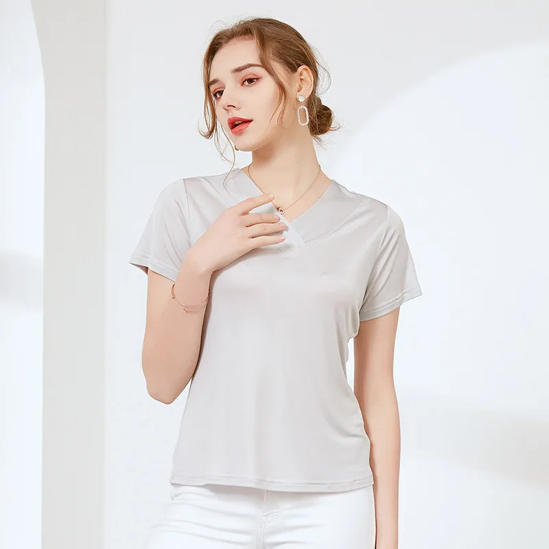 New silk V-neck short sleeve T-shirt for women, pure color mulberry silk knit loose base