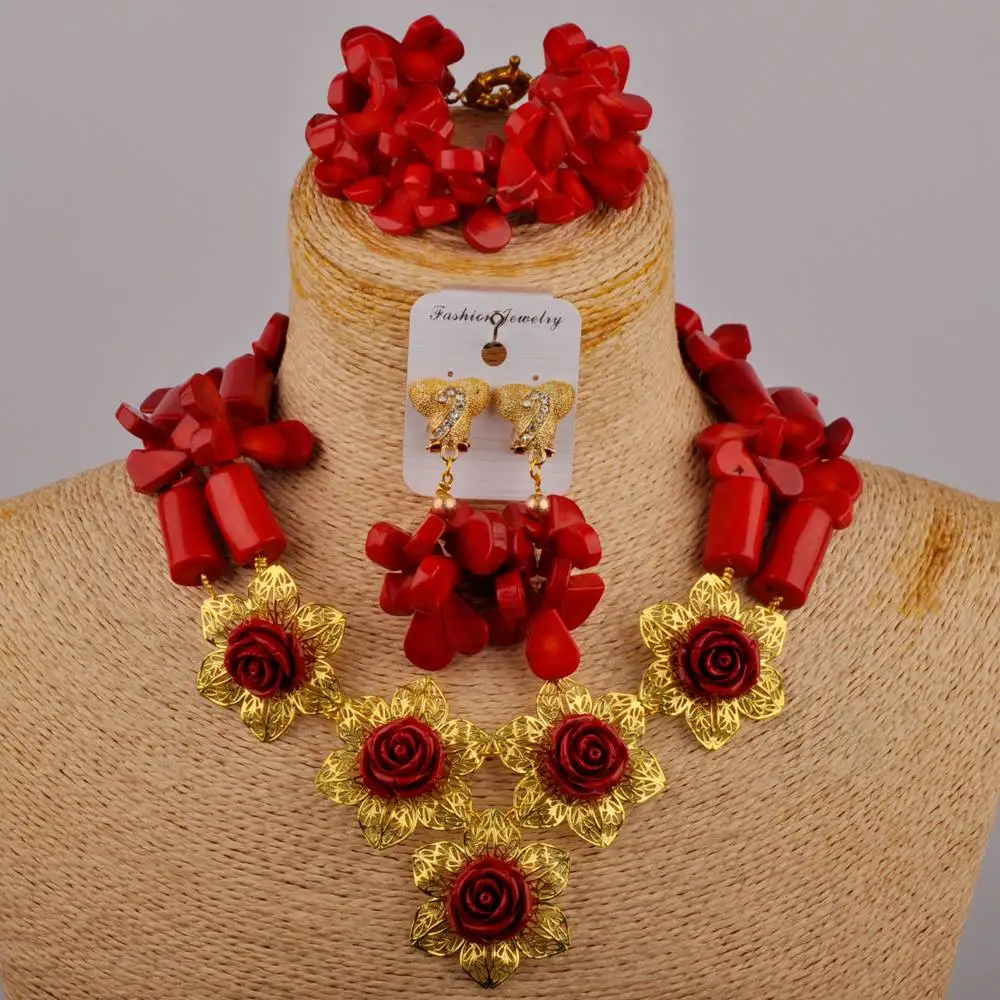 

Classic Nigerian Bride Red Natural Coral Rose Necklace African Women Wedding Dress Accessories Jewelry Set AU-511