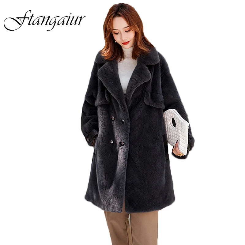 

Ftangaiur Winter Import Velvet Mink Fur Coat Women Turn-Down Collar Double-Breasted Medium Natural Real Mink Fur Coats