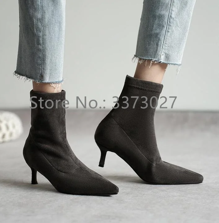 

New Spring Suede Mid-heel Ankle Boots Sexy Black Grey Pointed Toe Thin Legs Lady Short Boots Fashion Female Banquet Shoes