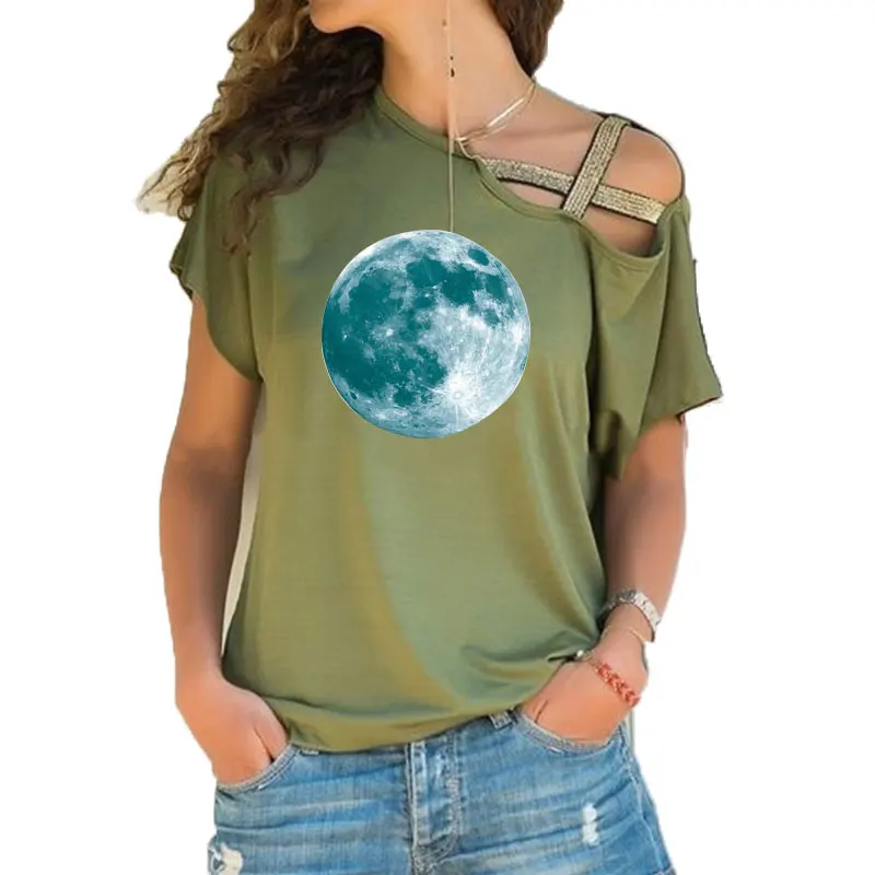 New Super Bright Luminous Moon Lunar Luminous Planet tshirt Fashion Festival Party Women Irregular Skew Cross Bandage Tees Tops