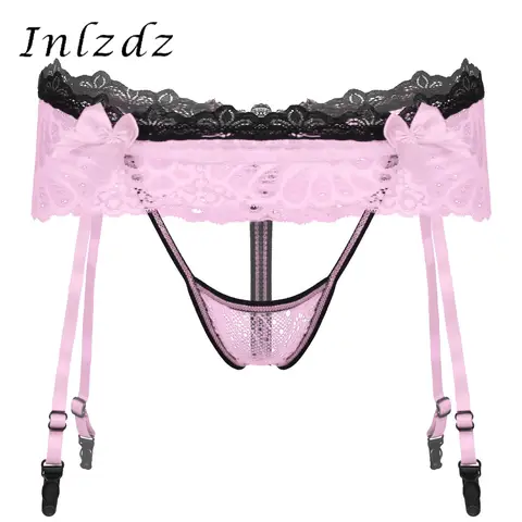 Sissy Panties Mens Lingerie G-String Lace Skirted Thongs Briefs Underwear Bowknot Crotchless T-Back Thongs Garter Belt Underpant