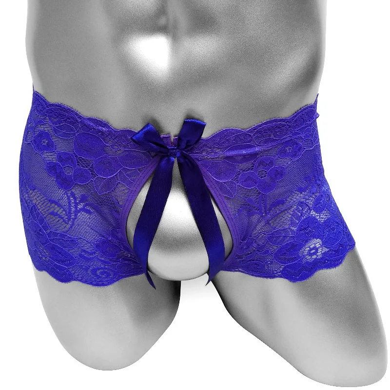 Crotchless Mens Lace Boxers Shorts Underwear See Through Bowknot Sexy Sissy Lingerie Panties Bikini Male Briefs Underpants