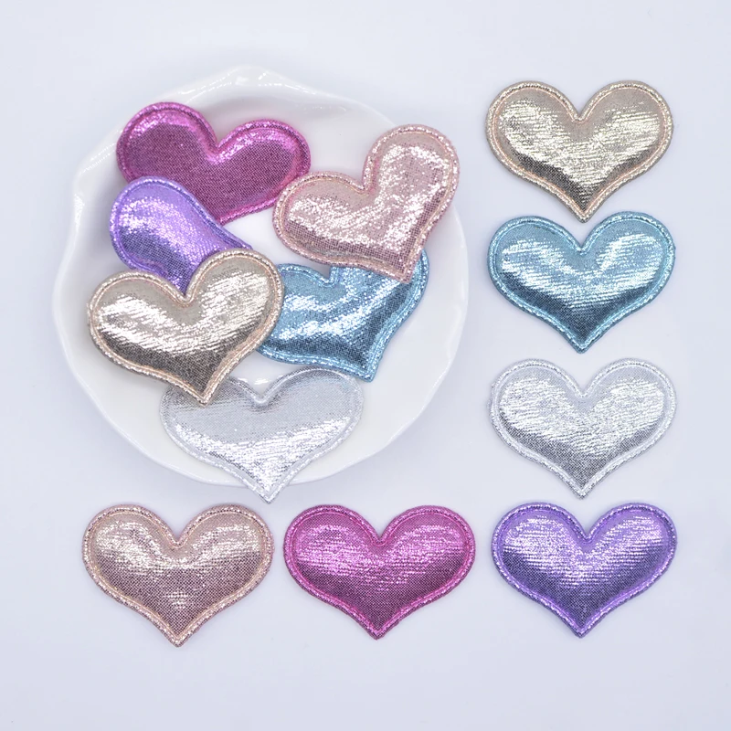 50Pcs 38*26mm Padded Glitter Cloth Heart Appliques for DIY Hat Clothes Sewing Patches Handmade Headwear Hair Clips Accessories