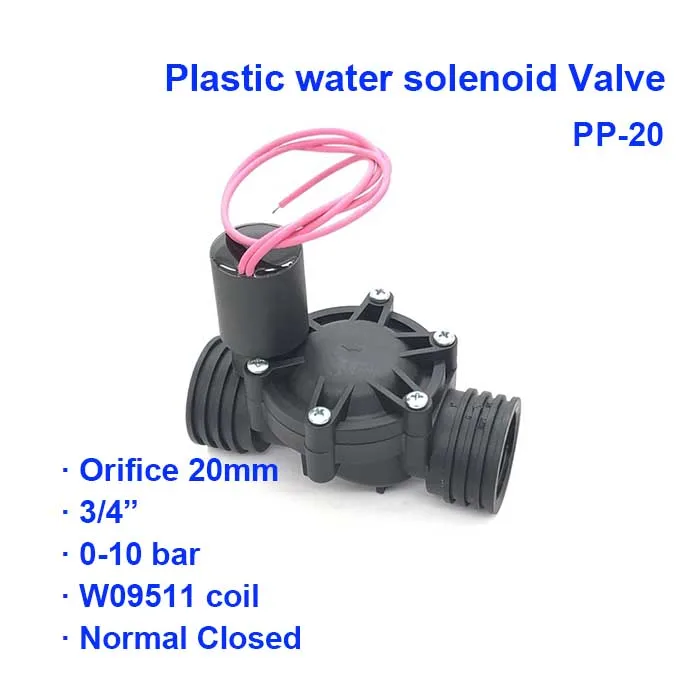 

2 Way Plastic Water Garden Pilot Solenoid Valve PP-20 BSP Port G3/4" 0-10bar Orifice 20mm W09511 coil