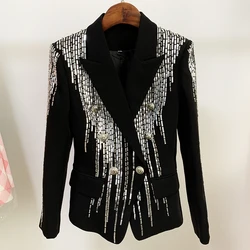 HIGH STREET 2024 Newest Fashion Designer Jacket Women's Double Breasted Luxurious Stunning Silver Metal Buttons Beaded Blazer