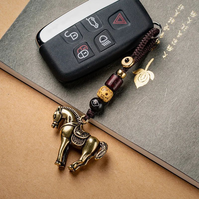 Bronze Horse Zodiac Animal Car Key Chain Pendants Vintage Copper Feng Shui Waist Buckle Braided Rope Keychains Hangings Jewelry