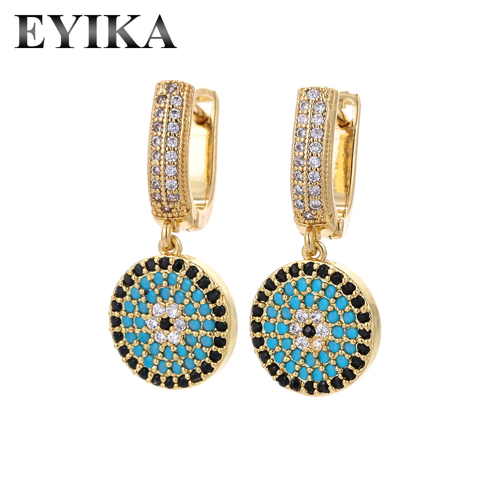 EYIKA Micro Zircon Earrings Simplicity And Popularity Women Blue Zircon Turkish Evil Eye Hoop Earrings Gold Color Wholesale