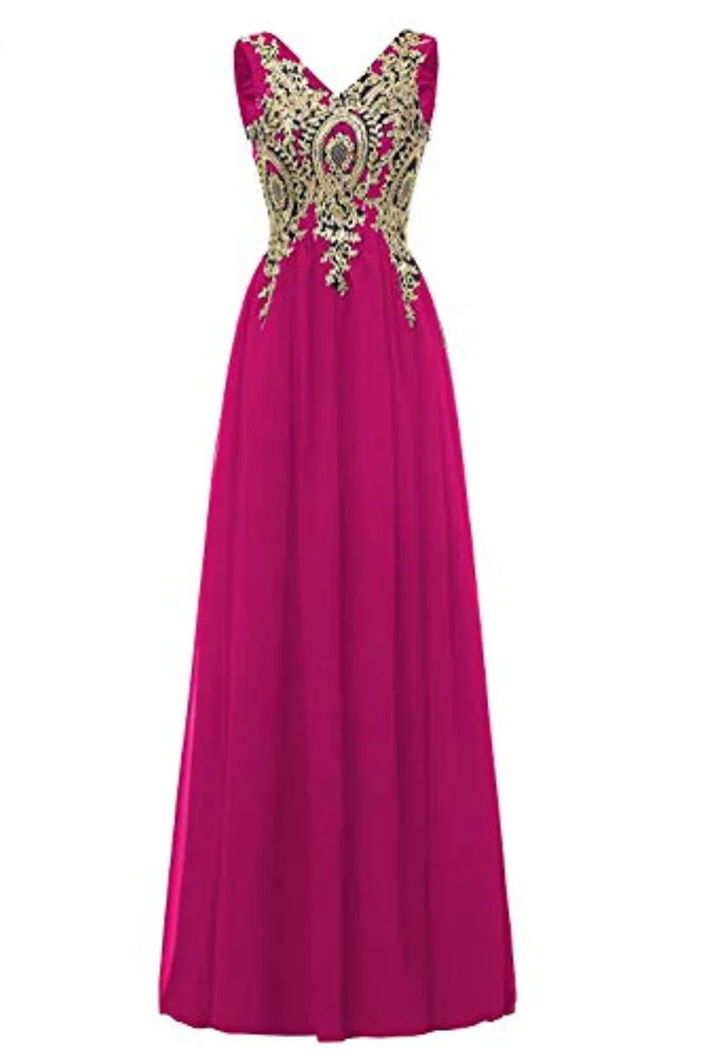 

New Chiffon A-Line Evening Dresses Robe De Soiree Sexy V-Neck Gold Appliques Floor-Length Prom Party Gown Special Occasion