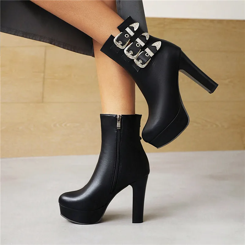 YMECHIC Black Brown Three Rows Belt Buckle Punk Style Shorty Boots Women Shoes 11cm High Heel 2021 Winter Ankle Botas Platform