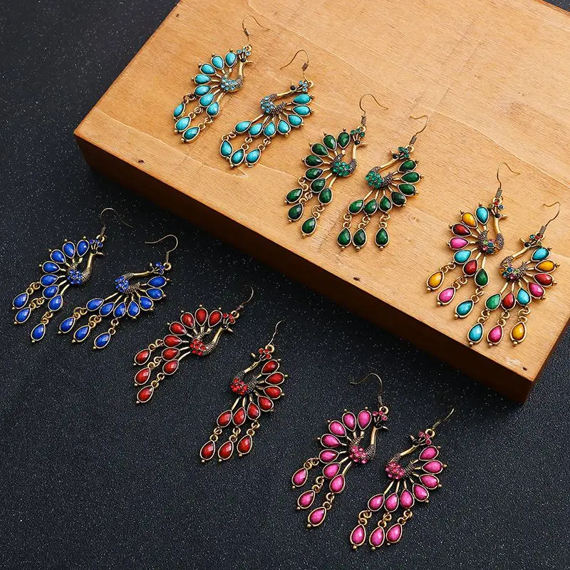 2020 New Retro Peacock Texture Hollow Out Long  Earrings For Women