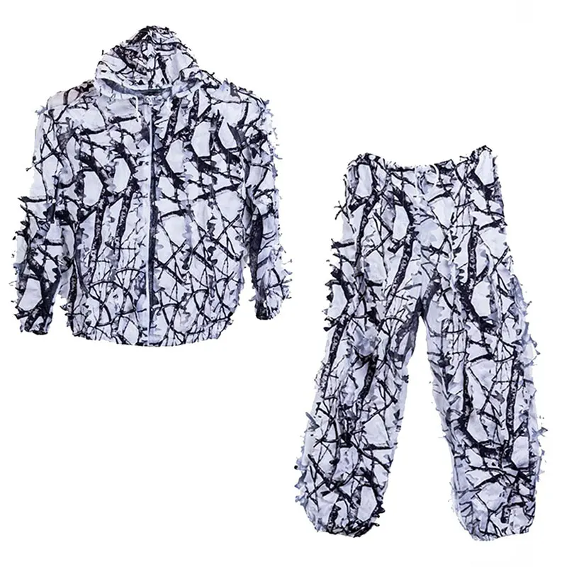 3D Maple Leaf Ghillie Suits Winter White Snow Camouflage with Zipper  Jacket Pants Clotheing for Hunting Shooting Birdwatching