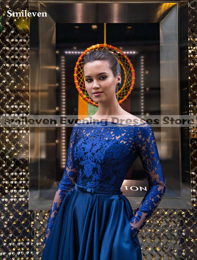 Smileven Navy Blue Satin caftan Evening Dresses Long Sleeve Arabic Special Occasion Dress Off Shoulder Lace Evening Party Gowns