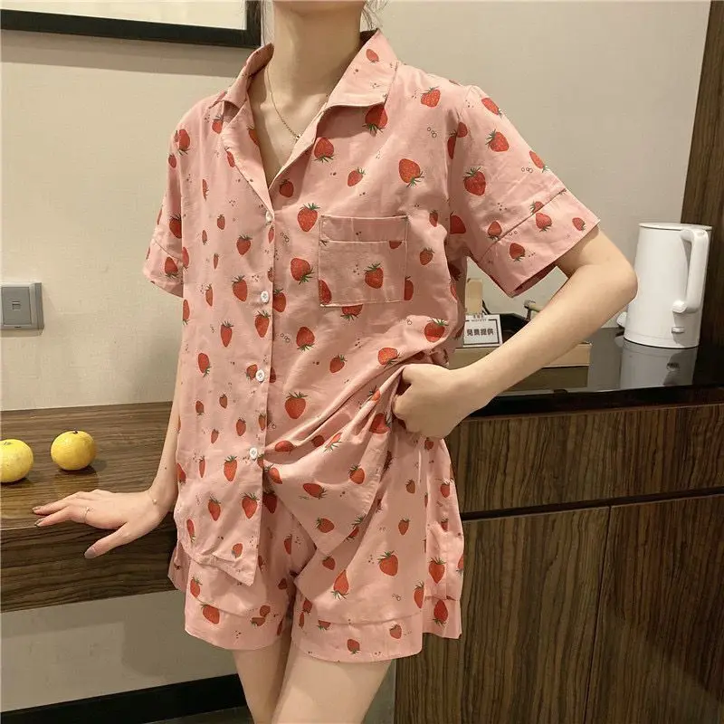 Pajama Sets Women Summer Lovely Strawberry-print Sweet Teens Korean Style Leisure Fashion Design Mujer Soft Simple Sleepwear Ins