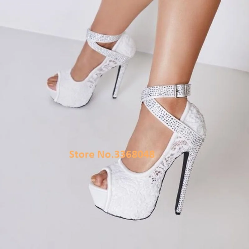 White Lace Wedding Platform Sandals Peep Toe Crystal Thin High Heel Ankle Strap Shoes Breathable Women Bride Pumps Manufacturer