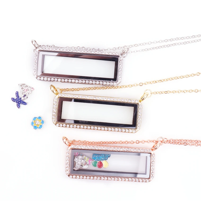 10Pcs Trendy Horizontal Rectangle Glass Memory Living Locket Pendant Necklaces For Women Floating Relicario Collares Jewelry