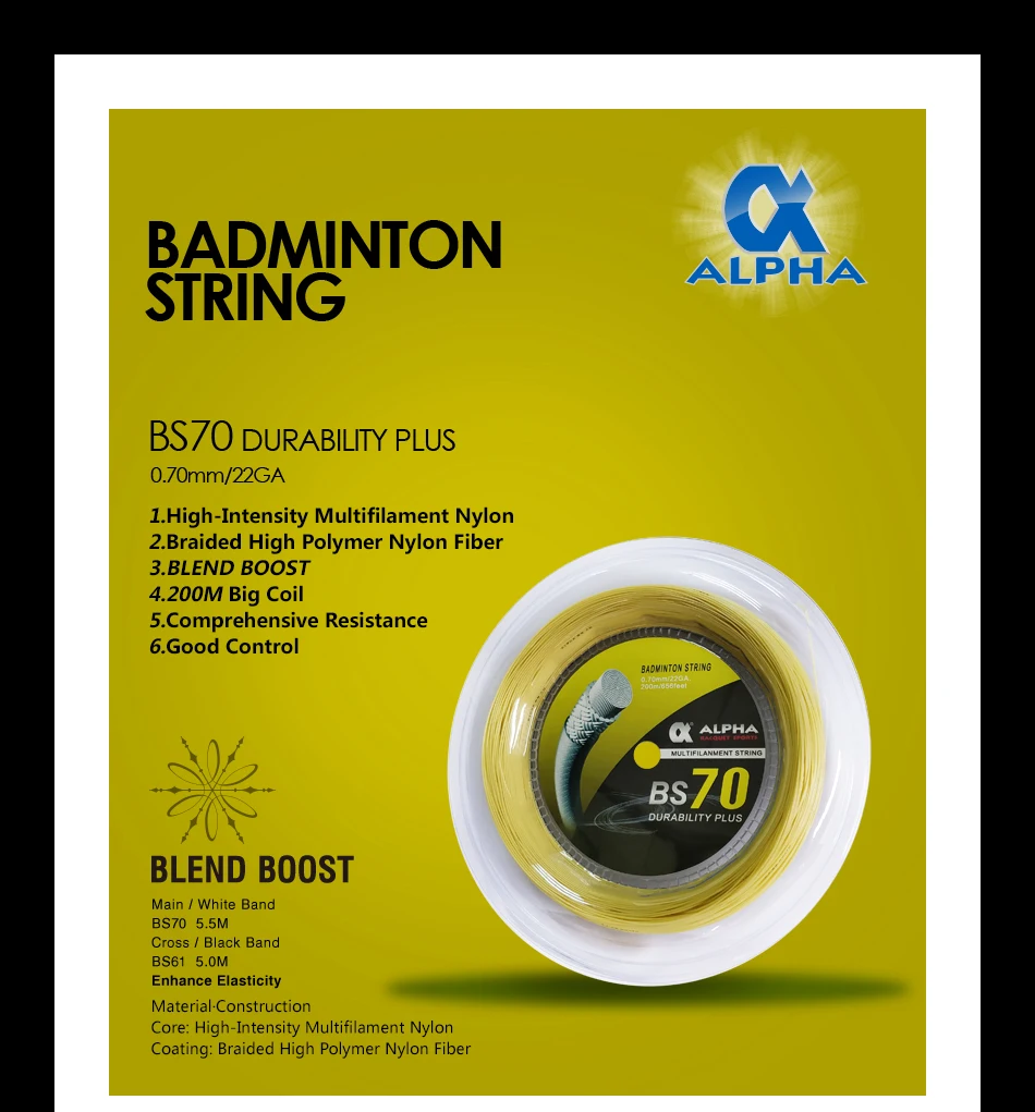 Alpha Badminton Saite 200m Rollen Haltbarkeit 0,7mm hohe umfassende Leistung Badminton Saite 30lbs Ball Zubehör70 – Detail 1