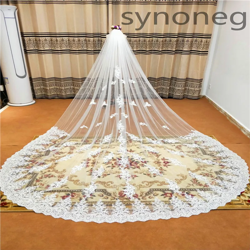 Real Photo Romantic 3m Wedding Veil Cathedral One Layer Lace Appliqued Long Bridal Veils With Comb Woman Marry Gifts