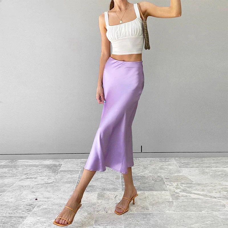 

Solid Purple Satin Silk Skirt Women High Waisted Summer Long Skirt New 2024 Vintage Elegant Ladies Office Skirts Midi Spring