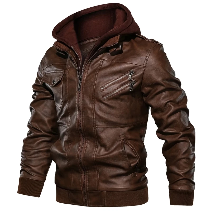 Men\'s Autumn Winter Motorcycle Leather Jacket Windbreaker Hooded  Jackets Male Outwear Warm Baseball Jackets Plus Size 3XL