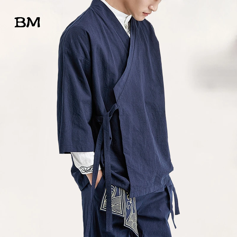 2020 Summer Chinese Style Linen Jacket Hanfu Men Costume Suit Loose Large Size Cotton Linen Retro Style Tang Suit Robe Male