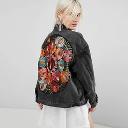 Denim Jacket Boho Oversized Multi Floral Embroidered Long Sleeve Casual Chic Jacket Coat Women 2023 New Spring Autumn Clothes