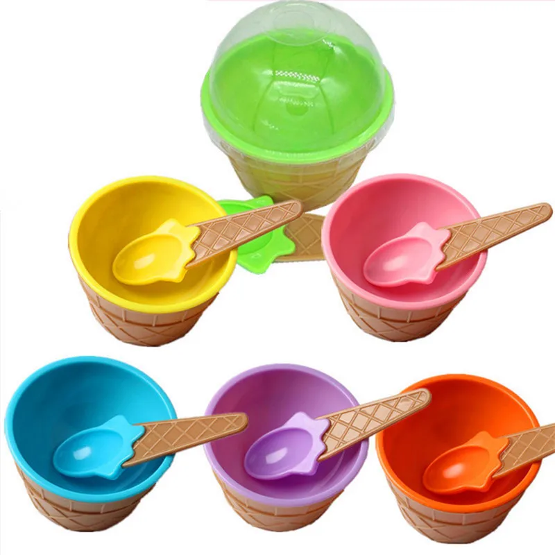 1 Set Children Colored Ice Cream Dessert Small Bowl + Cone Spoon Plastic Children's Party Style Dollhouse Kitchen Accessory