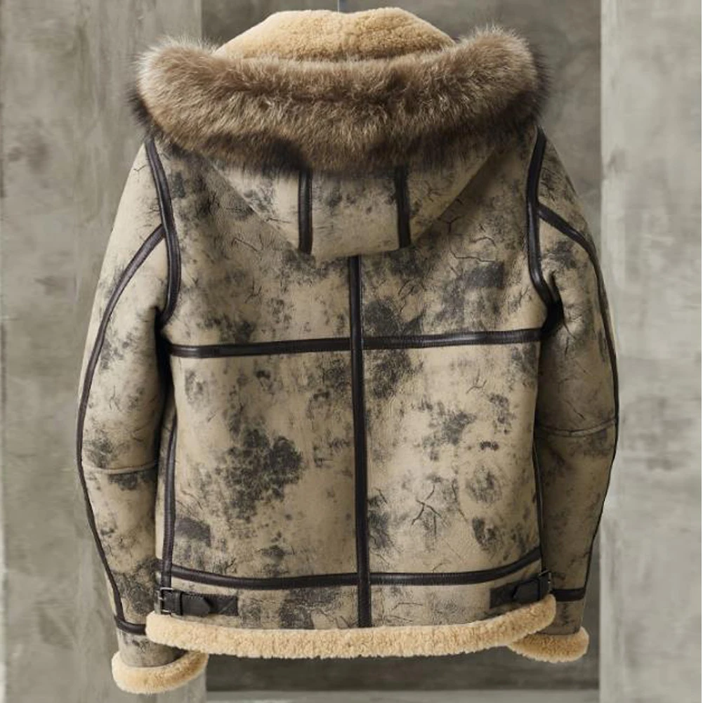 Shearling Jacket Men Detachable Hooded B3 Bomber Jacket Men Shearling Fur Coat grey