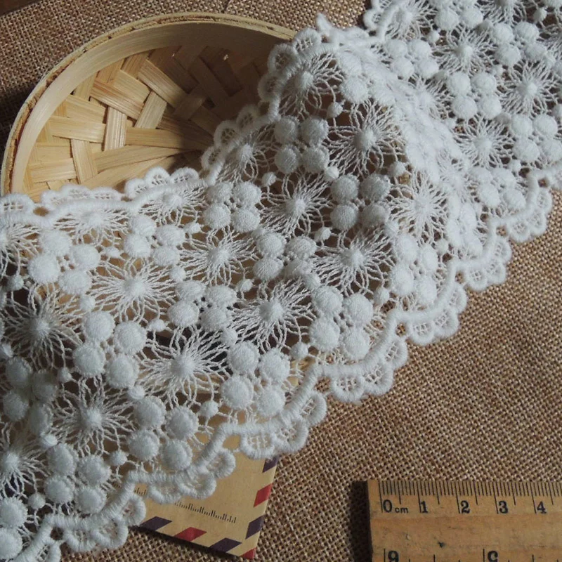 8CM Wide Luxury White Cotton Floral Embroidered Lace Appliques Flowers Fabric Ribbon Wedding Dress Veil Trim Sewing Decor