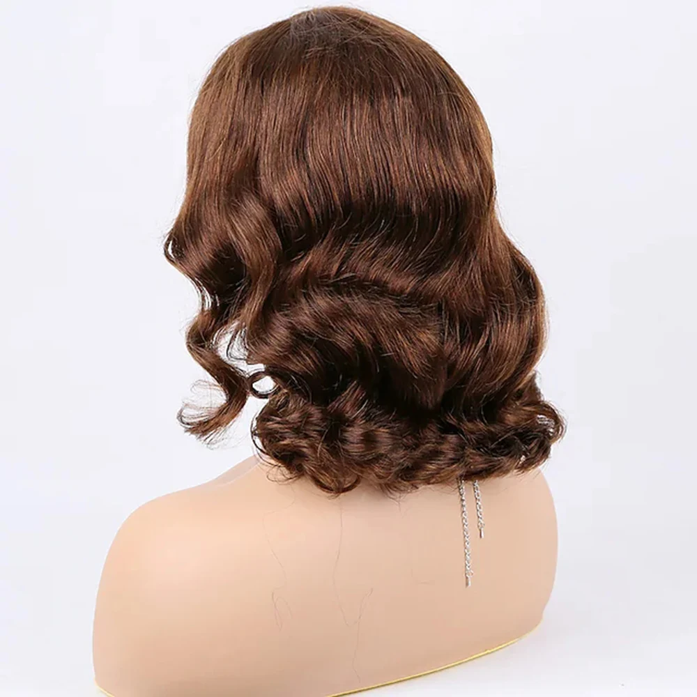 Human Hair Lace Front Wig Deep Parting style Brazilian Hair Wavy Brown Costume Wig 180% Women's Medium Length Human Hair Wig