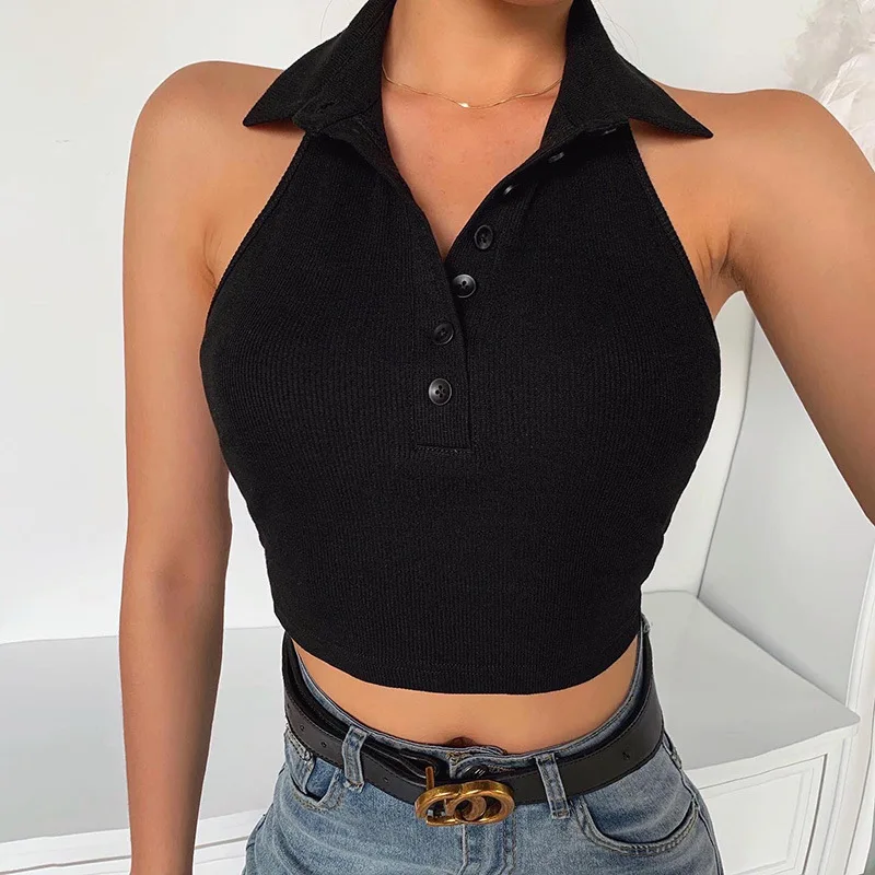 Fashion Sexy Women Short Sleeve Crop Top Button Vest Halter Casual White Tank Tops Blouse Short Basic Knit Women Streetwear