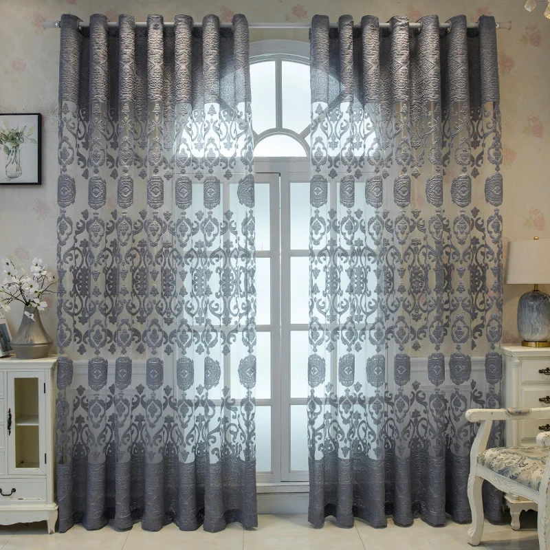 European Luxury Grey Hollow Jacquard Curtains Villa Golden Sheer Tulle Living Room Curtains For Bedroom Window Drapes Cortinas