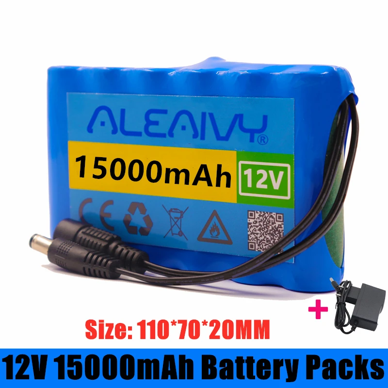 Aleaivy 18650 Li-Ion Battery Portable Rechargeable Battery DC 12 V 12.6 V 15000mAh Battery/12.6V Battery Pack with 12v Charger