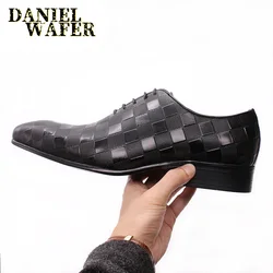 Fashion Male Shoe Luxury Oxford Men Dress Genuine Leather Shoes Black Plaid Prints Lace Up Wedding Office Business Formal Shoes