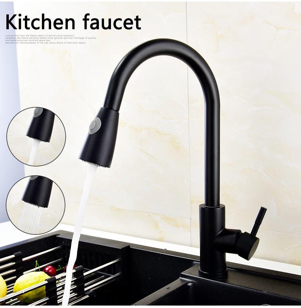 304 stainless steel  sink faucet black stretch hot and cold faucet pull out type kitchen faucet