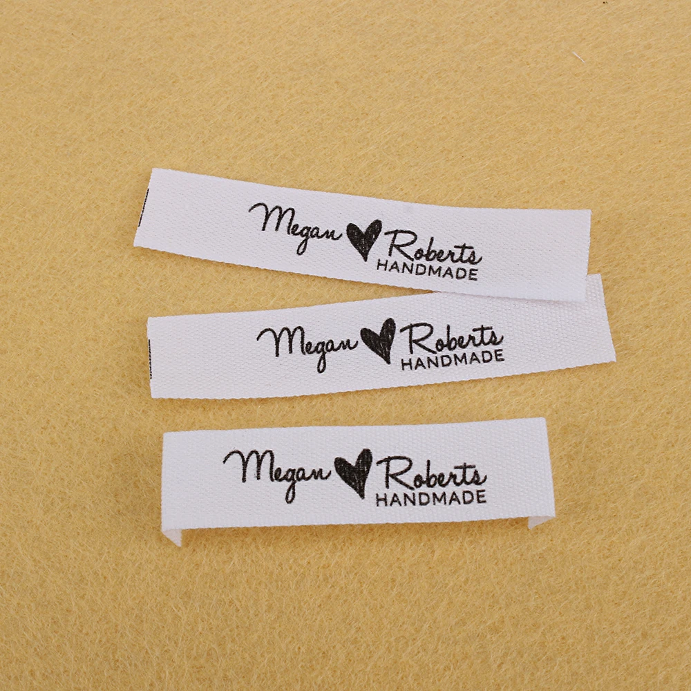 Custom Sewing Labels, Personalized Brand, Clothing Tags, Logo, Business Name, Heart, White Fabric, 100% Cotton, MD5033