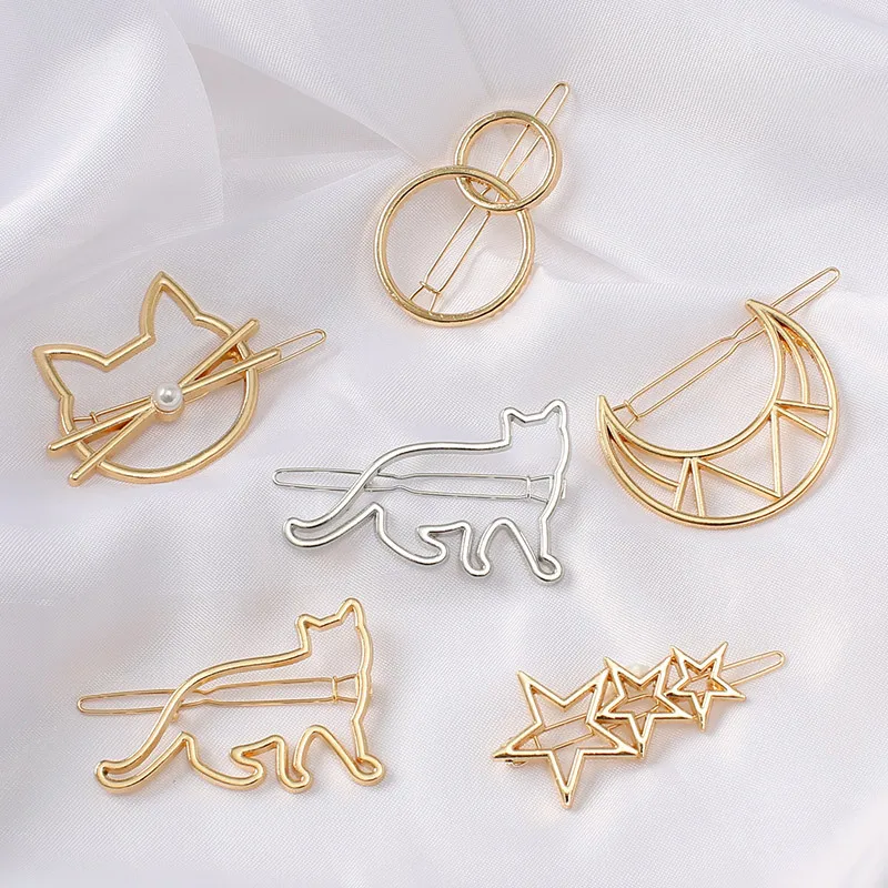 New Hair Clip For Women  Moon Cat Heart Hairpin Simple Golden Silver Barrette Hair Accessories Styling Tool Girls Fashion Gift