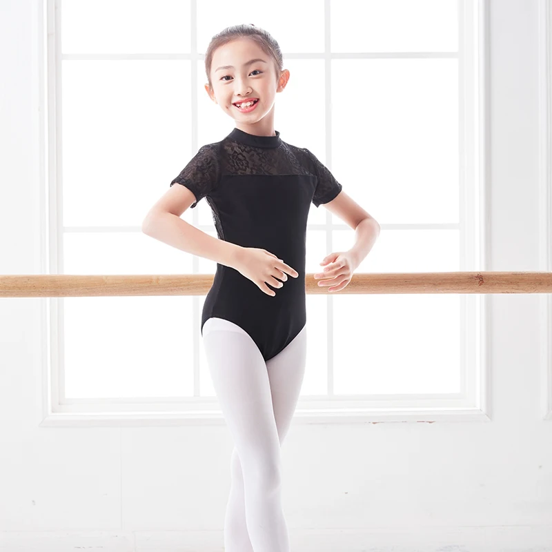 Girls Kids Dance Leotard Child Ballet Costume Lace Stand Collar Skate Gymnastics Bodysuit Backless Leotard Short Sleeve Swimsuit