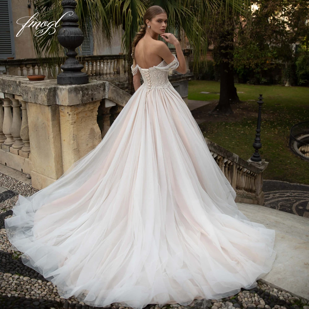 

Fmogl Vestidos De Noiva Sweetheart Pearls Vintage Wedding Dresses Off The Shoulder Court Train Beaded A Line Bride Gown